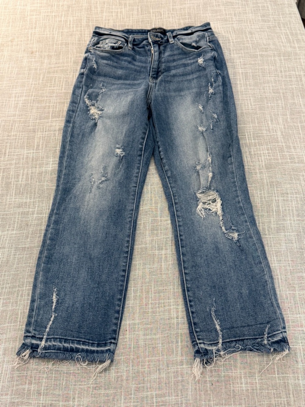 Judy Blue Straight Leg Jeans Women Size 5/27 Distressed Raw Hem Stretch Denim - Picture 2 of 12